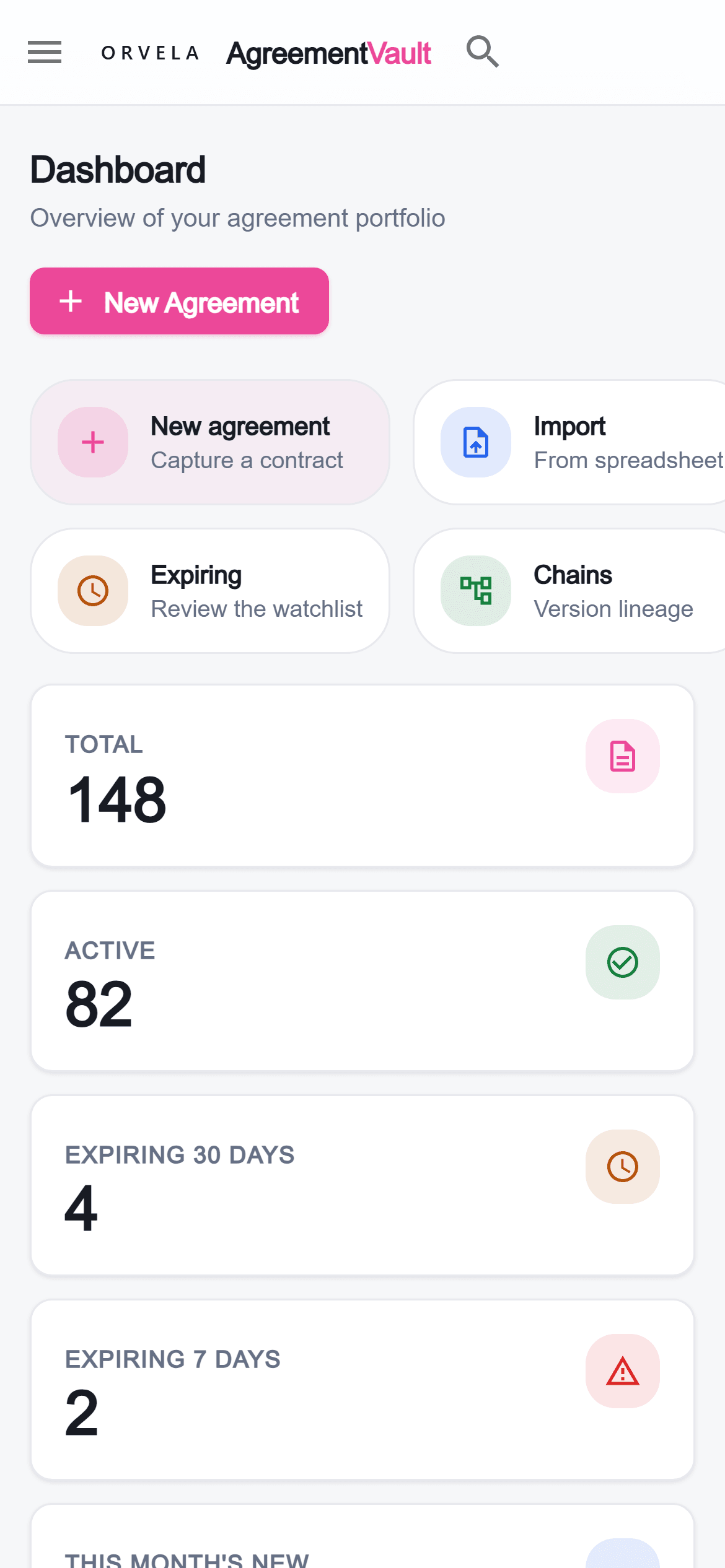 The agreement dashboard rendered on a phone.