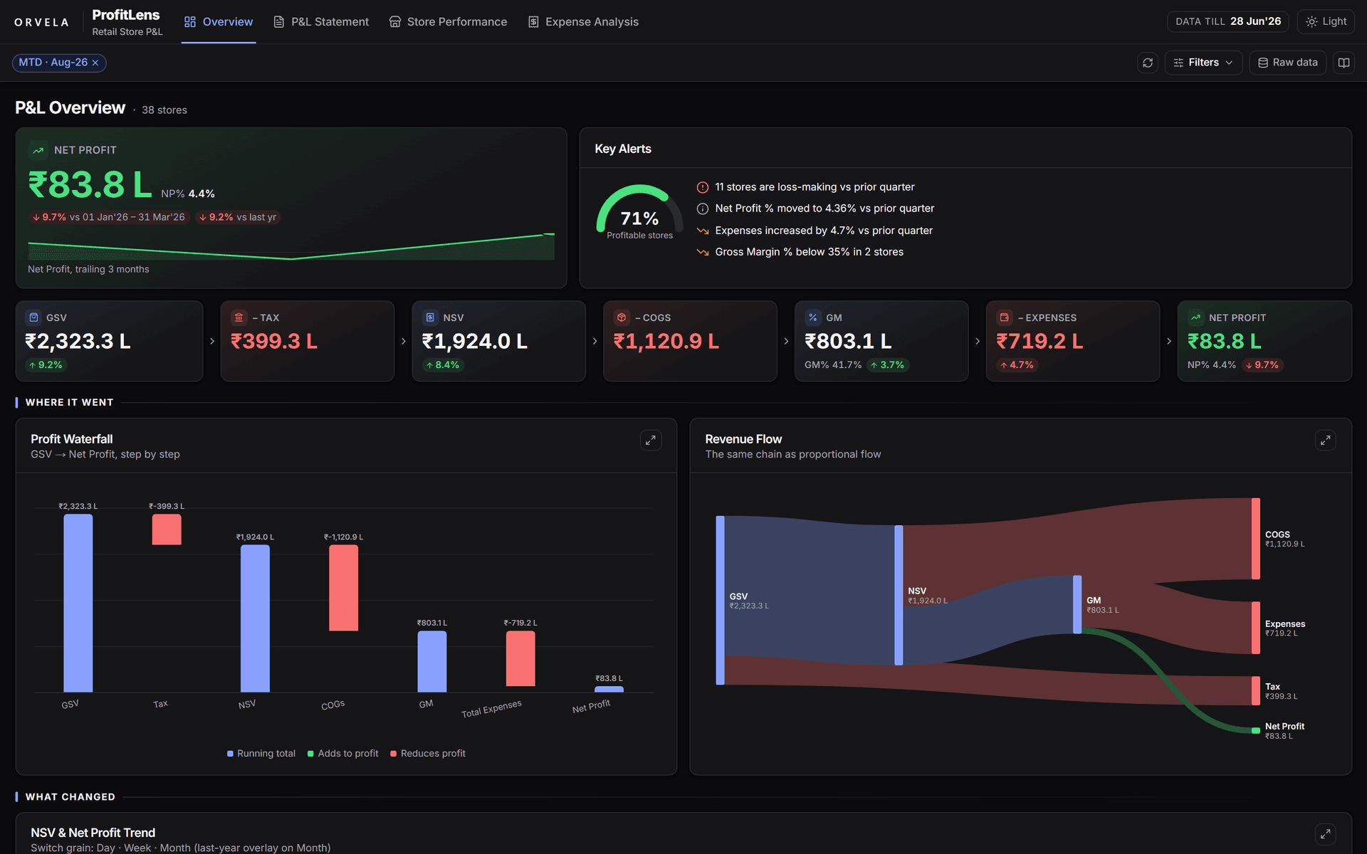 Executive summary with six KPI tiles, a net-sales versus net-profit trend, a profit waterfall and an automated alerts panel.