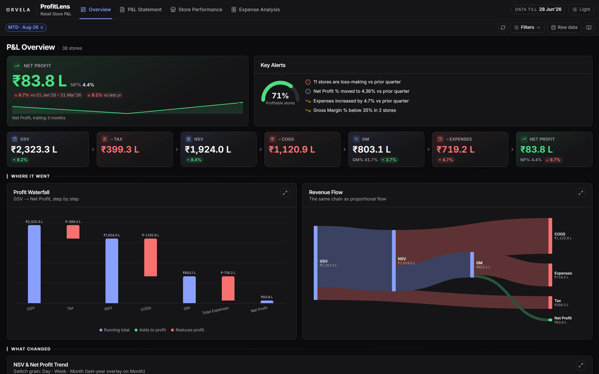 Executive summary with six KPI tiles, a net-sales versus net-profit trend, a profit waterfall and an automated alerts panel.